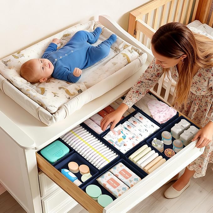 DIMJ Drawer Organizer Clothes Storage - 18 Pack Baby Dresser Organizer for Nursery, Foldable Drawer Dividers for Bedroom Closet Organization, Fabric Storage Bins for Socks, Underwears, Bras