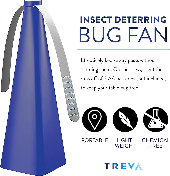 Treva Chemical Free Bug Fan Fly Repellent/Deterrent with Holographic Blades to Clear Bugs, Mosquitoes, and Flies, Battery Powered Fly Fan