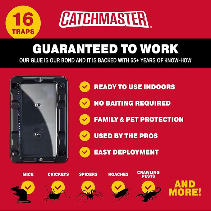 Catchmaster Mouse & Insect Glue Traps 16-Pk, Adhesive Rodent & Bug Catcher, Mouse Traps Indoor for Home, Sticky Glue Boards for Mice and Insects, Pest Control for House & Garage