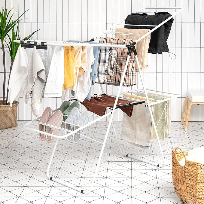 Tangkula Foldable Clothes Drying Rack, 2-Level Folding Drying Rack for Indoor Outdoor Use, Drying Rack Clothing w/Height-Adjustable Gullwing, 33 Drying Rails, Sock Clips