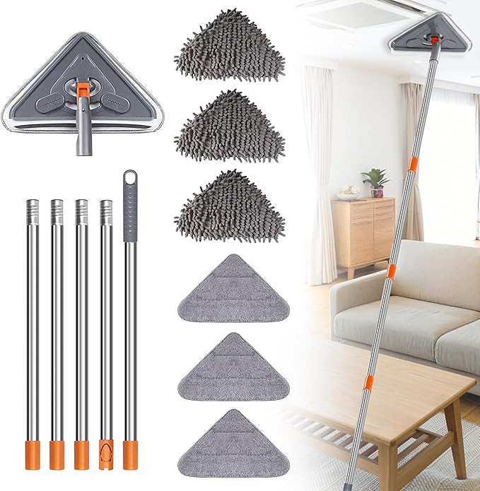 Long Handle Wall Mop 85 Inch, Wall Cleaner Ceiling Duster Extension Pole 39" to 85", 360° Rotatable Baseboard Wall Window Duster, Dry Dust /Wet Wash Cleaning Tool with 6 Replacement Chenille Pads