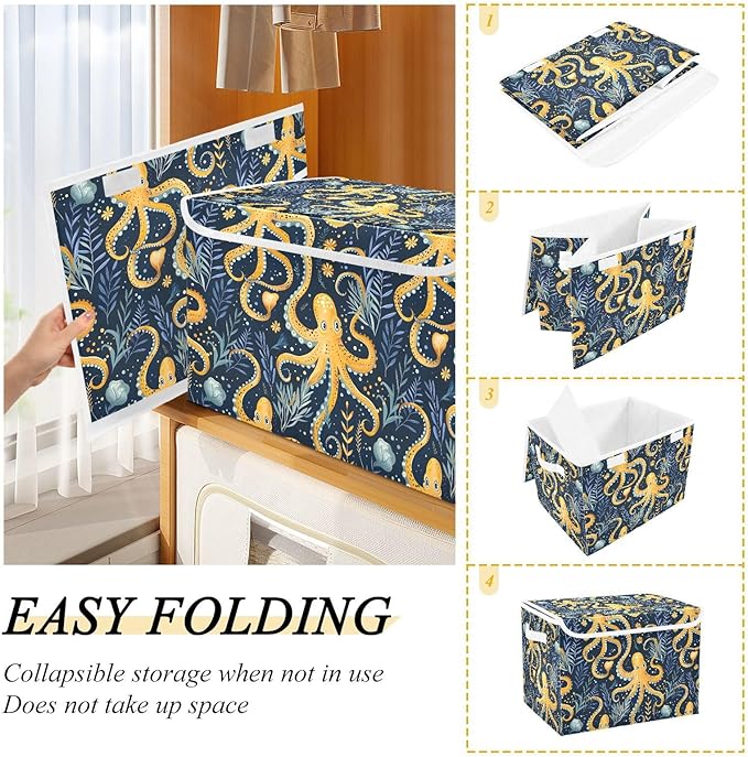 senya Large Storage Bins with Linen Collapsible Foldable Storage Cubes Fabric Closet Organizer Containers box with Flip-Top Lid for Home Bedroom Office 16.7 x 12.6 x 11.8in (Octopus and Water Grass)