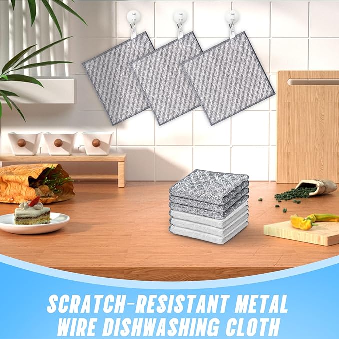 Wangjinpeng 10 PCS Four-Layer Non-Scratch Multipurpose Steel Wire Dishcloths - Reusable Quick-Dry Odor-Free Scrub Cloths for Dishes, Kitchen Cleaning Cloths for Cookware, Sinks, Stove Tops(7.87X7.87)