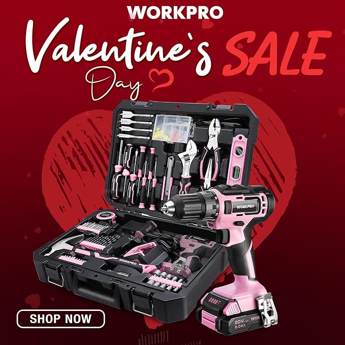 WORKPRO 20V Pink Cordless Drill Driver and Home Tool Set, 141PCS Hand Tool Kit for DIY, Home Maintenance, 2.0 Ah Li-ion Battery, 1 Hour Fast Charger, and Tool Box Included - Pink Ribbon
