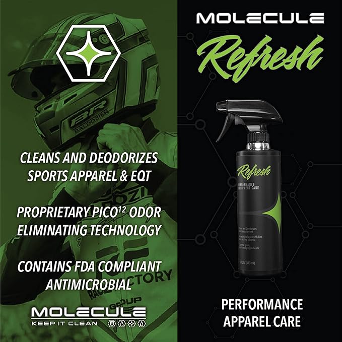 Molecule Refresh Spray | Performance Apparel Care | Cleans and Deodorizes Racing Suites & Technical Fabrics | Signature Fresh Scent | 4 Ounces