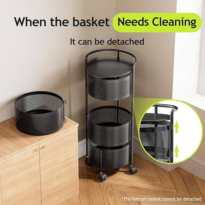 JAQ No Assembly Integrated Vegetable Storage Rack, 4-Tier Rotating Fruit Basket with Wheels, Solid Carbon Steel Kitchen Storage Cart for Potato Onion Produce, Fruteros para Cocina, Black