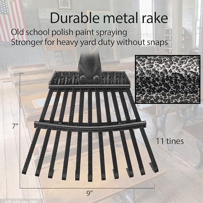 Oliynedy Leaf Rake for Gardening, Adjustable Metal Garden Rake for Leaves Long Handle 30-70", 11 Tines 9" Wide Small Lawn Collapsible Yard Adult Kids Rake for Camping Flower Beds Mulch Shrub
