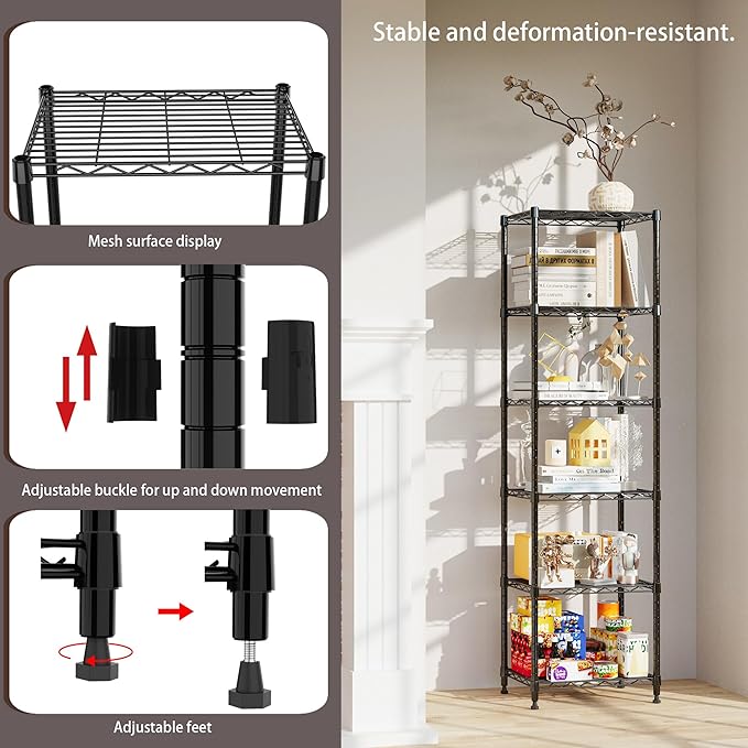 REGILLER 6 Wire Shelving Steel Storage Rack Adjustable Unit Shelves for Laundry Bathroom Kitchen Pantry Closet (16.7L x 11.9W x 64H, Black)