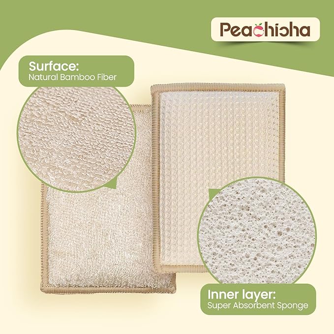 Bamboo Sponges for Dish Washing Reusable Dish Sponge Multi Use Kitchen Sponges Non-Scratch Reusable Cleaning Pads for Dishes, Pots and Pans, Pack of 5