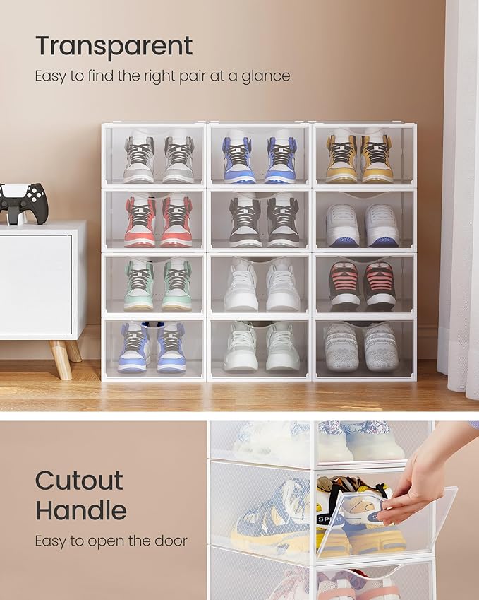 SONGMICS Shoe Boxes, Shoe Storage Organizers Rack for Closet, Plastic Stackable Sneaker Containers Case, 12 Pack, Transparent and Cloud White ULSP312W01