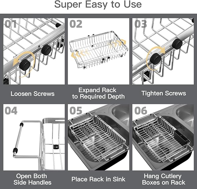 Small Expandable Over The Sink Dish Drying Rack Drainer In Stainless Steel Metal For Kitchen, Counter Space Saving Compact Above Plate Dryer Strainer, Adjustable Hanging Inside Sink Wire Drain Holder