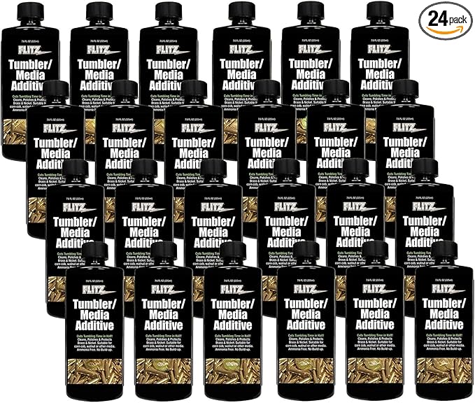 Flitz Tumbler Media Additive - 7.6oz Bottle of USA-Made Brass Cleaner Reloading Liquid for Ammo, Copper, & All Metals - Ammonia-Free Tumbling Polish to Remove Oxidation, Powder Residue (24 Pack)