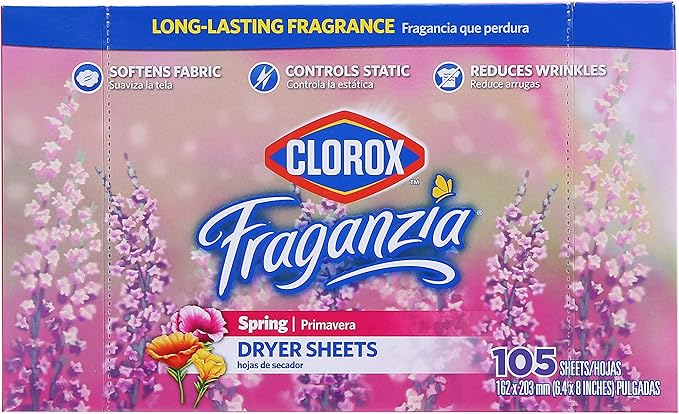 Clorox Fraganzia Fabric Softener Dryer Sheets, Wrinkle Reducing and Anti Static Laundry Dryer Sheets for Great Smelling Clothes, Softens Fabrics, Fresh Spring Scent, 105 Count - 6 Pack