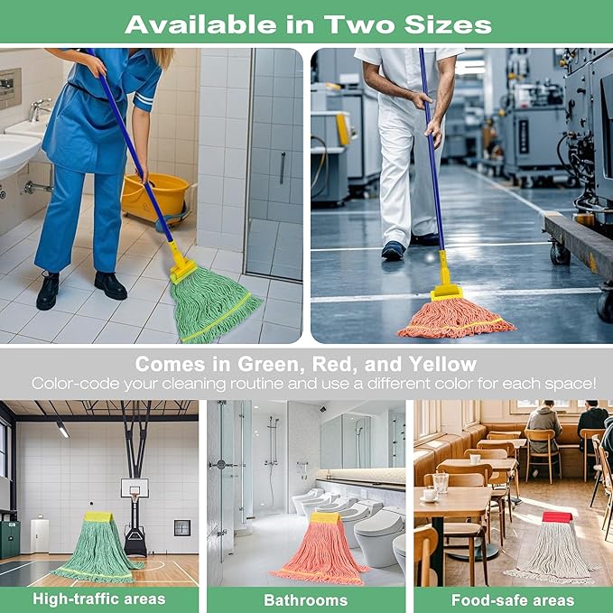 Matthew Cleaning 12Pcs 5'' Headband White&Orange&Green 24Oz Commercial String Mop Heads, Loop-End Mop Head Replacement, Heavy Duty Industrial Washable&Reusable Mop Refills for Residential& Warehouse