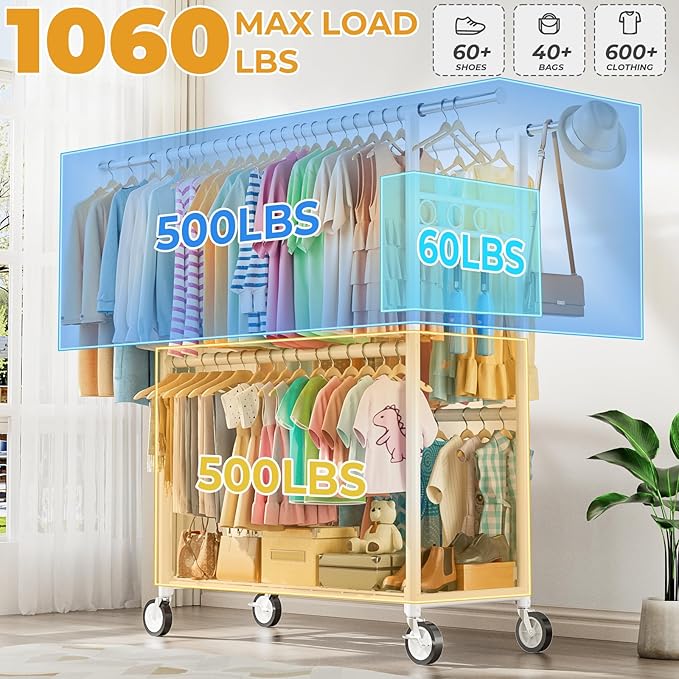 Heavy Duty Clothes Rack Load 1060LBS, Four Rods Rolling Clothing Racks for Hanging Clothes, Rolling Garment Rack With Sturdy Wheels Shelves Hooks, Portable & Adjustable Commercial Garment Rack, White