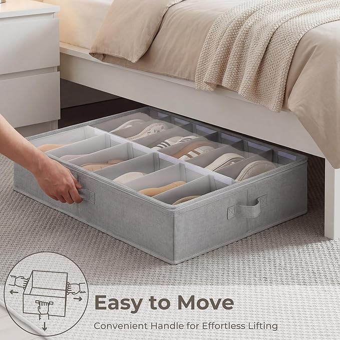 StorageWorks Shoe Organizer for Closet, Fits up to 24 Pairs, 2-Pack Ultra-thick Fabric Under Bed Shoe Storage Containers with Bottom Support and Adjustable Dividers, Grey