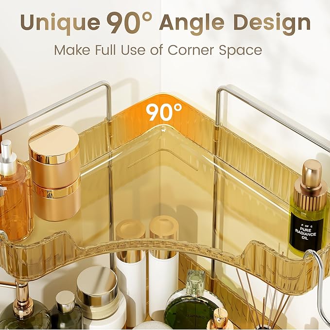 Golden 3-Tier Corner Bathroom Organizer, Countertop Storage Shelf with Hooks | Makeup & Skincare Organizer for Bathroom Sink and Vanity Counter