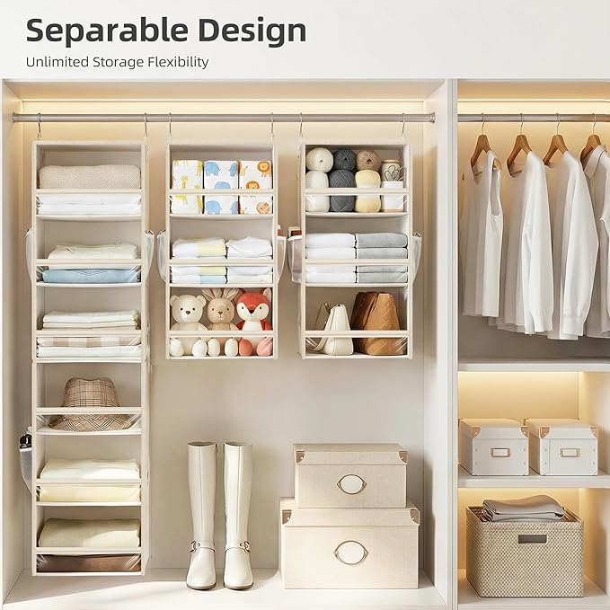 STORAGE MANIAC 6-Shelf Hanging Closet Organizer and Storage, 2 Separable 3-Shelf Haning Organizers for Closet, Collapsible Hanging Shelves Wardrobe Organization, College Dorm Room, Nursery, Beige