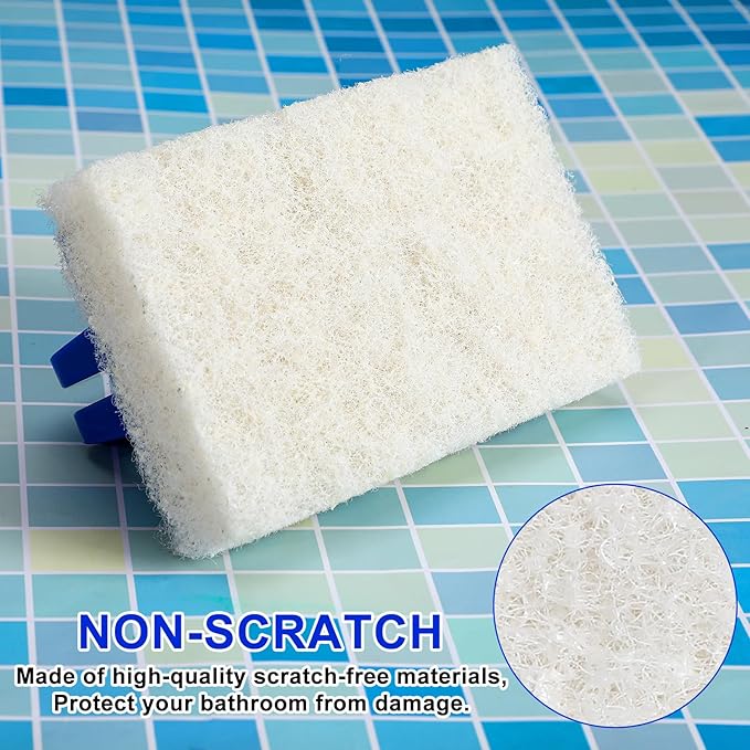 Maxdot 18 Pcs Handled Bath Scrubber Set, 15 Bathroom Scouring Pad 3 Bathtub Scrubber with Handle Non Scratch Soap Scum Remover for Cleaning Sink Shower Tile Swimming Pool Step Corner(Blue and White)