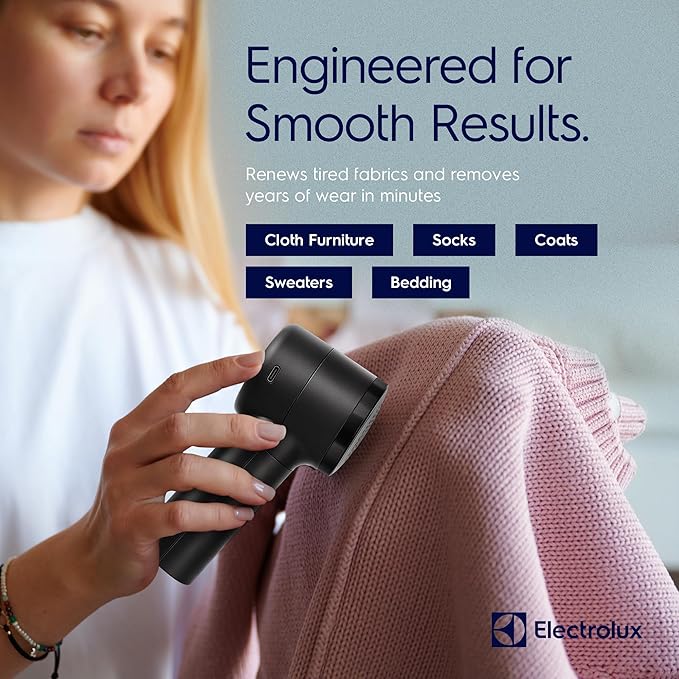 Electrolux Rechargeable Fabric Shaver | Compact Travel Lint Remover for Clothes & Furniture | Eliminates Fuzz & Pilling | 3-Speed Electric Lint Shaver with Type-C Fast Charging Port - Black