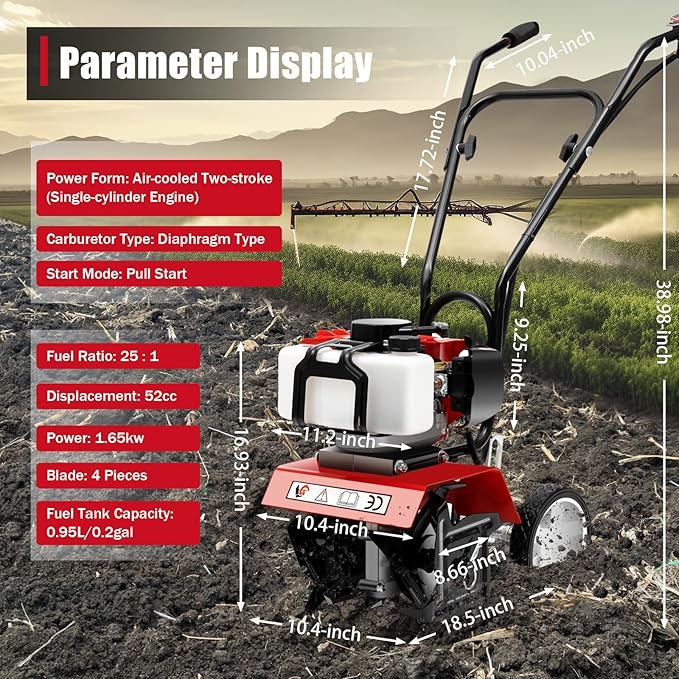 52CC Gas Powered Tiller Cultivator 2-Stroke Garden Cultivator Single-Cylinder Hand Rotary Cultivator Rototiller Garden Tool with Air-Cooling for Garden and Field Soil Cultivation 7000r/min