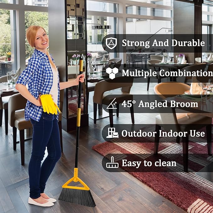 Heavy Duty Angle Broom 3 Pack - Yellow Broom for Outdoor & Indoor, Garage, Driveway, Sidewalk, Kitchen & More, Long Handle