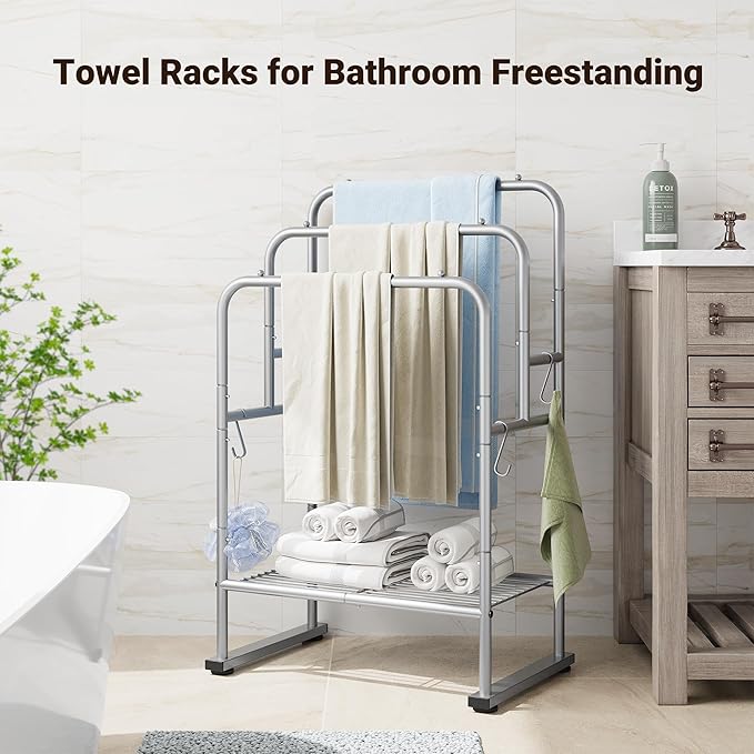 ELYKEN 40'' Tall Standing Towel Racks, 3 Tier Towel Drying Rack Outdoor, Pool Towel Stand Blanket Holder with Shelf & 4 Removable Hooks, Metal Freestanding Towel Racks for Bathroom, Smooth Silver