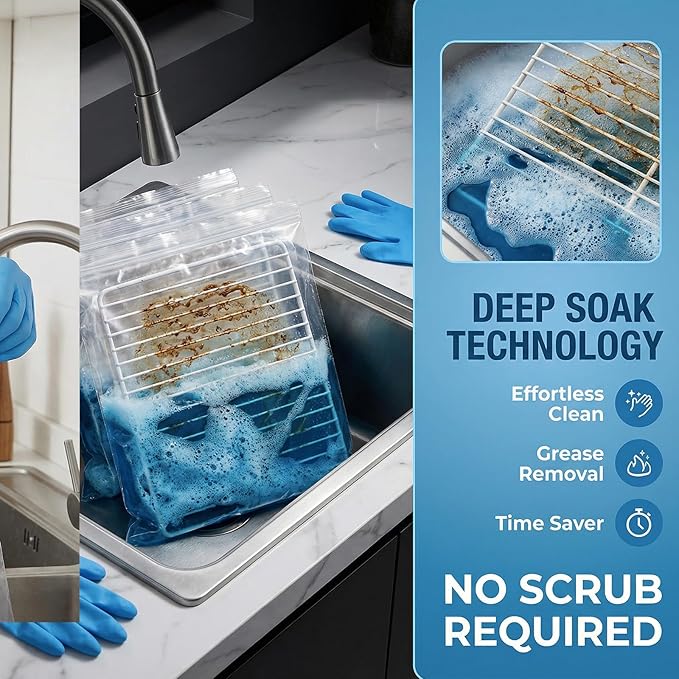 6-Pack Oven Rack Cleaning Bags (4 Large + 2 XL) with Gloves, Reusable Heavy-Duty Leak-Resistant Soak Bags for Deep Cleaning Oven Racks & Grill Grates, No Cleaner Included