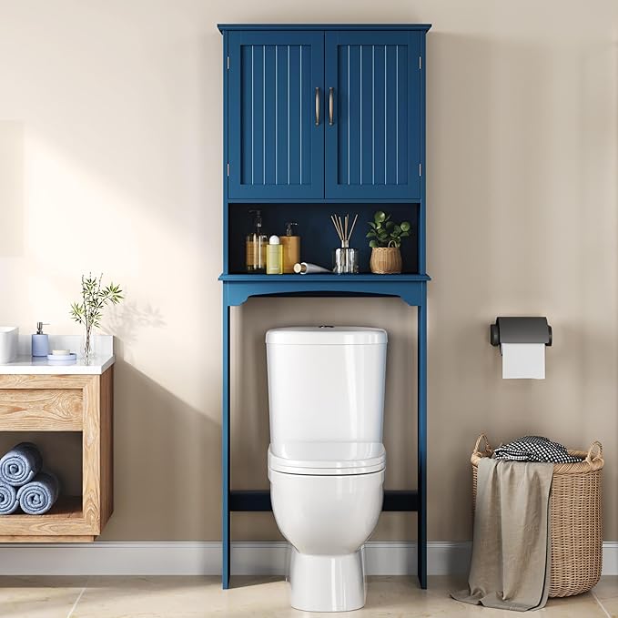 Yaheetech Over The Toilet Storage with 2 Doors & Adjustable Shelf, Free Standing Toilet Rack Wooden Space-Saving Collect Cabinet, Bathroom Furniture, L24.5xW9xH66 in, Navy Blue