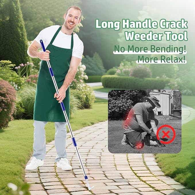 Crack Weeder Tool Long Handle, 60" Garden Tool for Weeding Between Pavers, 3 in 1 Hand Weed Scraper and Weed Brush Set, Manual Crevice Weed Remover Tools for Paver, Sidewalk, Driveway Crack, Patio