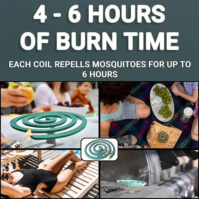 W4W Mosquito Repellent Coils - Outdoor Use Reaches Up to 10 feet - Each Burns for 5-7 Hours (Three Pack Contains 12 coils & 6 Stands)