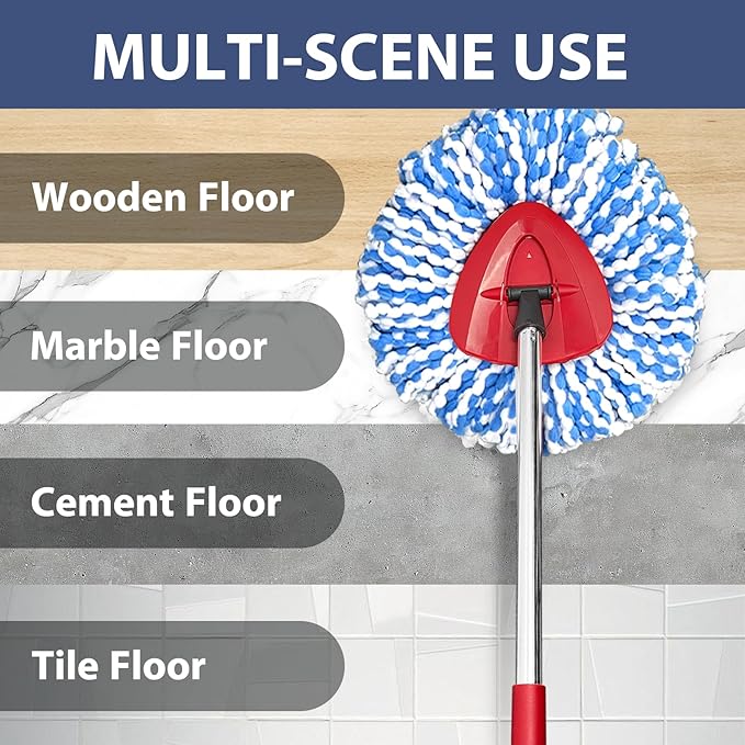 Spin Mop Replacement Set for O-Ceda 2-Tank System, Includes 2 Mop Head Replacement, 1 Mop Handle (30-58in Adjustable 4-Section Pole), 1 Spin Base