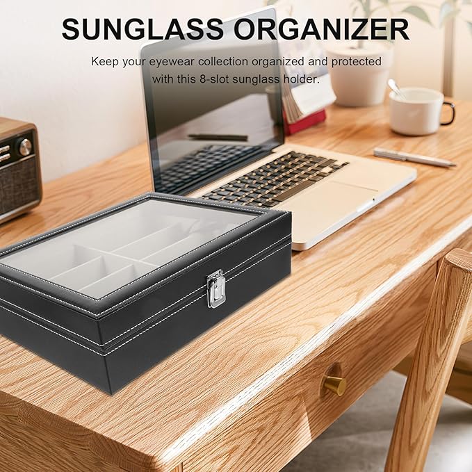 8-Slot Sunglasses Organizer Storage Box with Soft Gray Interior, Hard Eyeglass Display Case for Home and Travel Eyewear Storage