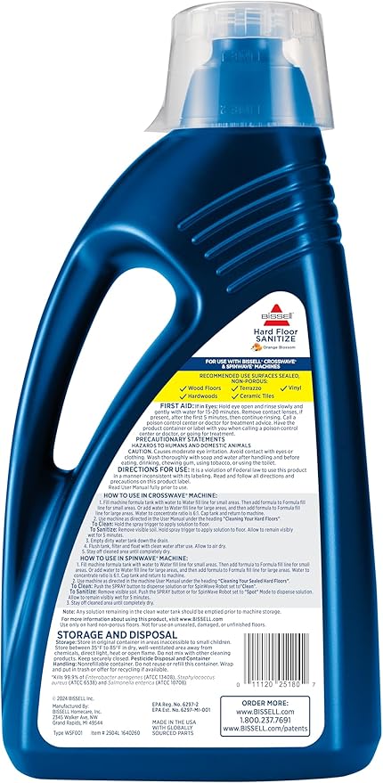 Bissell Hard Floor Sanitize Solution, For use in CrossWave and Spinwave, 80oz, Eliminates 99.9% of bacteria
