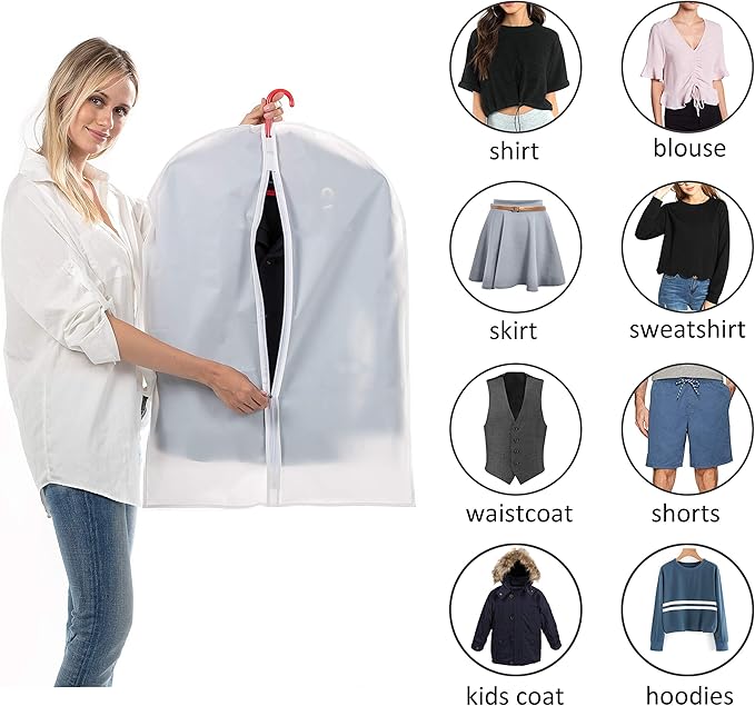 MsKitchen 6 Pack Short Garment Bags (24x31") - Dustproof Covers for Kids Clothes - Durable PEVA Storage Bags with Sturdy Zipper for Dance Costumes, Tops & Folded Pants (Translucent)
