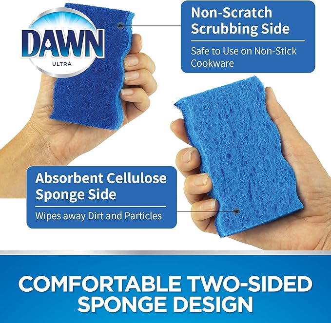 Dawn Ultra Scrubber Sponges Non-Scratch Double-Sided Kitchen Dish Cleaners, 12-Pack, Blue