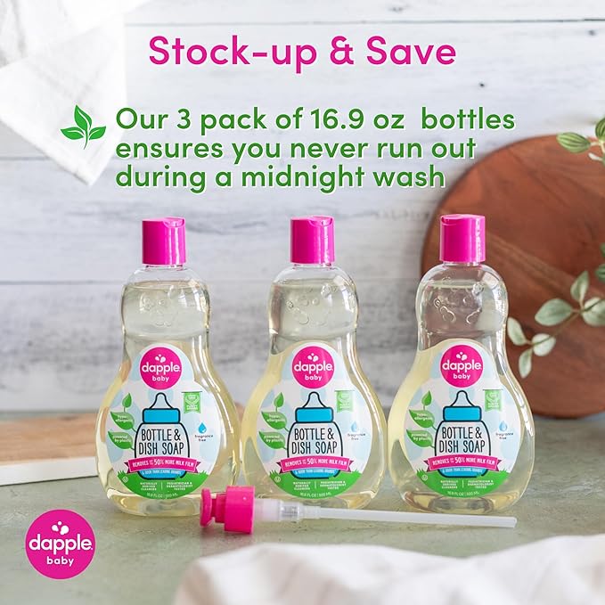 Dapple Baby Bottle Soap, Hypoallergenic Dish Soap for Baby Bottles, Powered by Plants, 1 Pump Included, Packaging May Vary, Fragrance Free, 16.9 Fl Oz (Pack of 3)