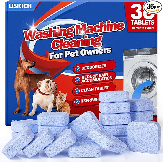 USKICH 36 Pack Washing Machine Cleaner Tablets For Pet Owners,Washer Machine Cleaner Remove Stubborn Pet Hair, Eliminates Smells,Compatible with HE, Top & Front Load Washer