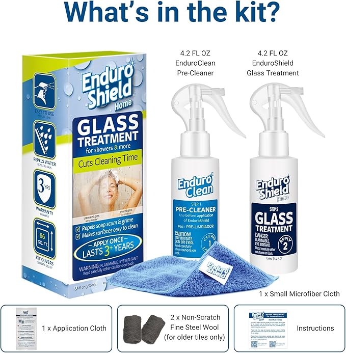 EnduroShield Glass Treatment Kit - Advanced Protection for Glass Surfaces - Repels Soap Scum, Grime & Dirt Without Harsh Chemicals - 4.2 fl oz