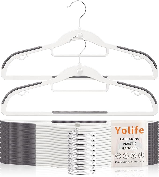 Yolife Cascading Plastic Clothes Hangers 20 Pack with Inner Hook for Vertical Storage, Slim Space Saving Hangers with Non-Slip Pads, 360° Swivel Metal Hook, Versatile, White & Gray