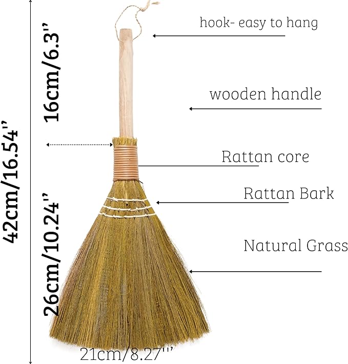 Set of 2 Vietnamese Soft Bristle Brooms, Asian Straw Broom for Kid, Decorative Broom 16.54 inch