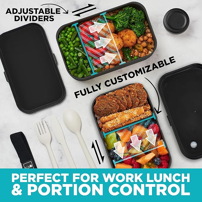 KARRICO Double Premium Bento Box Adult, 67 fl oz BPA-Free - Black Stackable Lunch Box with Leak-Proof Lids & Dividers, Perfect for Meal Prep, Lunches & Portion Control