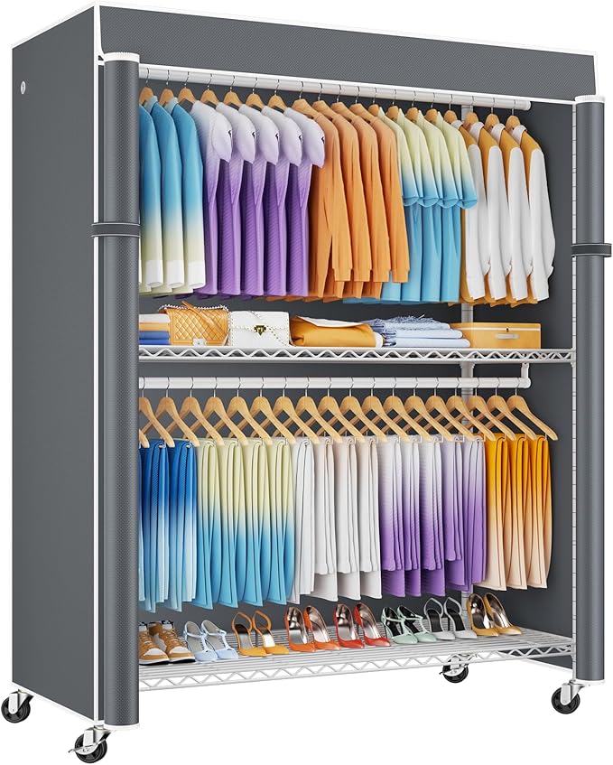 ULIFHOME P8C Max Heavy Duty Clothes Rack（With Extended Width Design） Rolling Clothing Racks for Hanging Clothes with Lockable Wheels，51.2" W x 15.8" D x 80.5" H，Load 700LBS，White Rack with Grey Cover