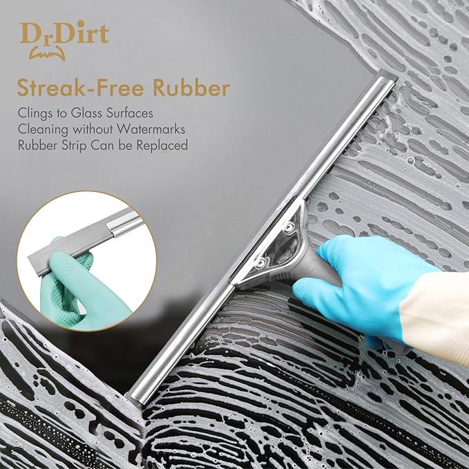 DrDirt Window Squeegee for Home, Stainless Steel, Durable, Ergonomic Non-Slip Handle, Replaceable Foam Rubber Blade, 14in Squeegee for Window Cleaning