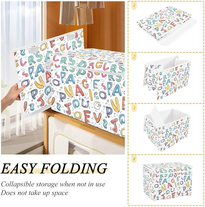senya Large Storage Bins with Linen Collapsible Foldable Storage Cubes Fabric Closet Organizer Containers box with Flip-Top Lid for Home Bedroom Office 16.7 x 12.6 x 11.8in (Style Latin Alphapet)