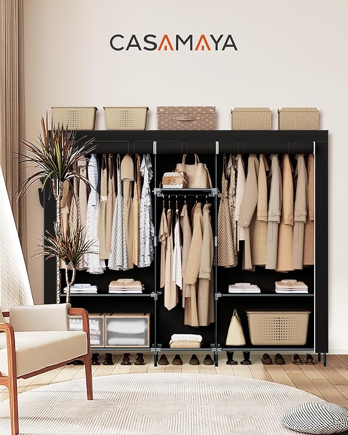 CASAMAYA Portable Closet, 77.6 Inch Extra Large Capacity Wardrobe Closet with Cover, Clothes Storage Organizer with Shelves and 3 Hanging Rods, Easy to Assembly, Black PCT223B01