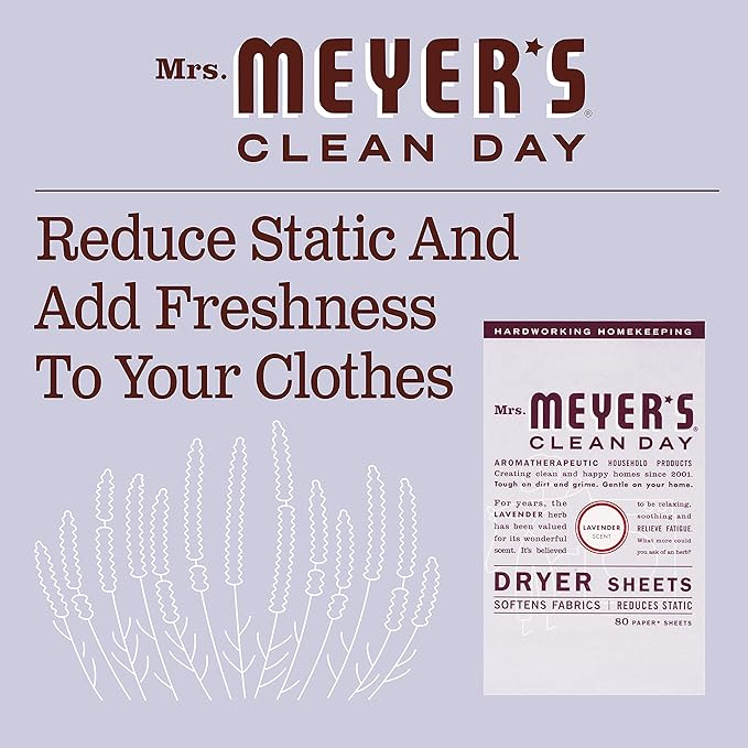 MRS. MEYER'S CLEAN DAY Dryer Sheets, Fabric Softener, Reduces Static, Infused with Essential Oils, Lavender, 80 Count