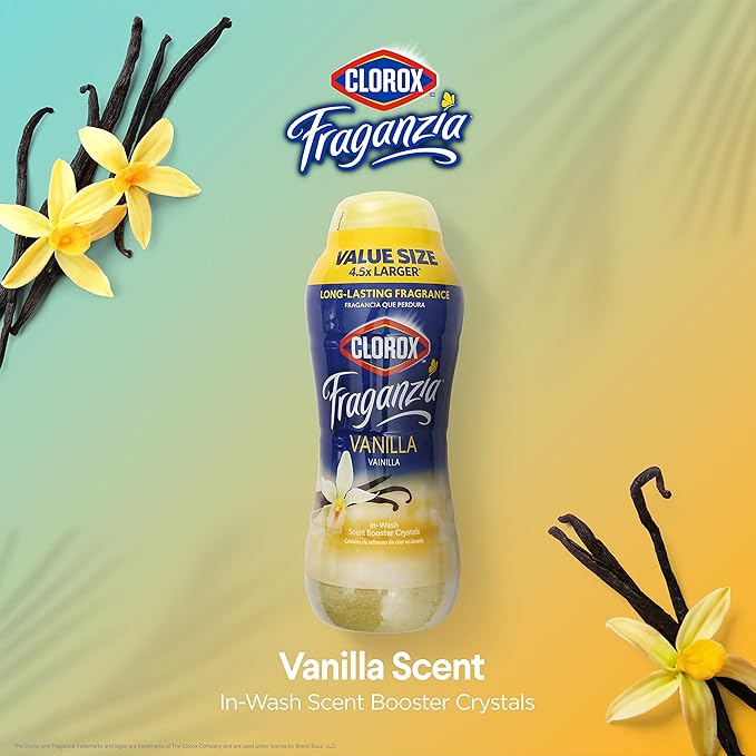 Clorox Fraganzia Laundry Scent Booster Crystals, In-Wash Fragrance Beads for Fresh-Smelling Clothes & Linens, Safe for All Fabrics & Colors, Easy-Pour Bottle, Vanilla Scent, 70 Oz