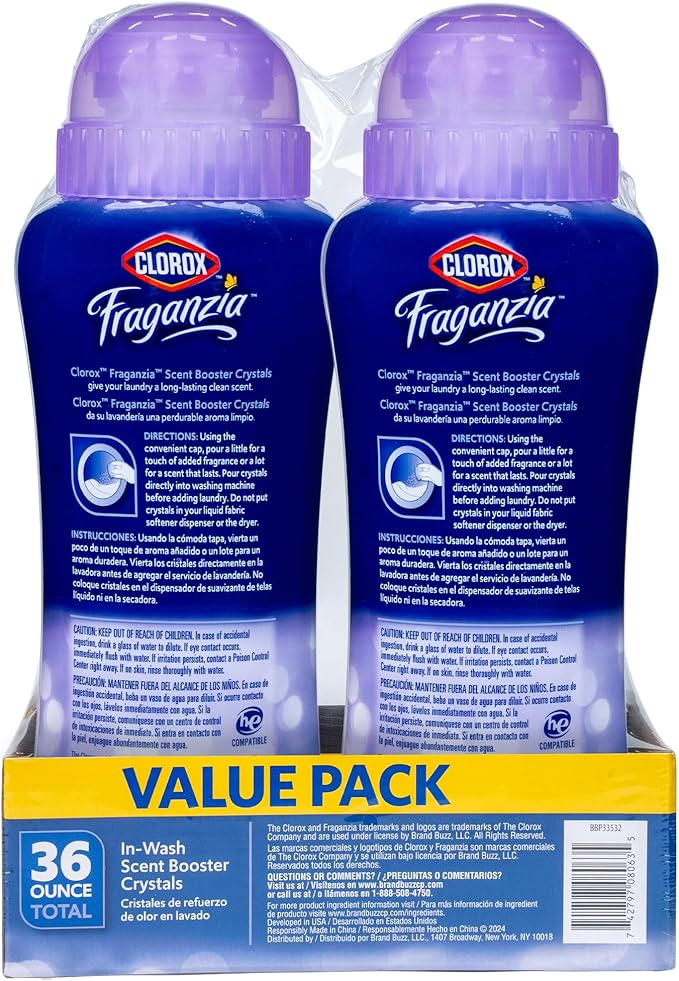 Clorox Fraganzia Laundry Scent Booster Crystals, In-Wash Fragrance Beads for Fresh-Smelling Clothes & Linens, Safe for All Fabrics & Colors, Easy-Pour Bottle, Dreamy Jasmine Scent, 18 Oz, 2 Pack