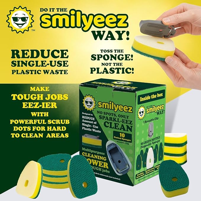 Smilyeez No Plastic Heavy Duty Green Dotted Sponge Refill (10 Pack) for Scotch Brite's Dishwand Refills with Adapter